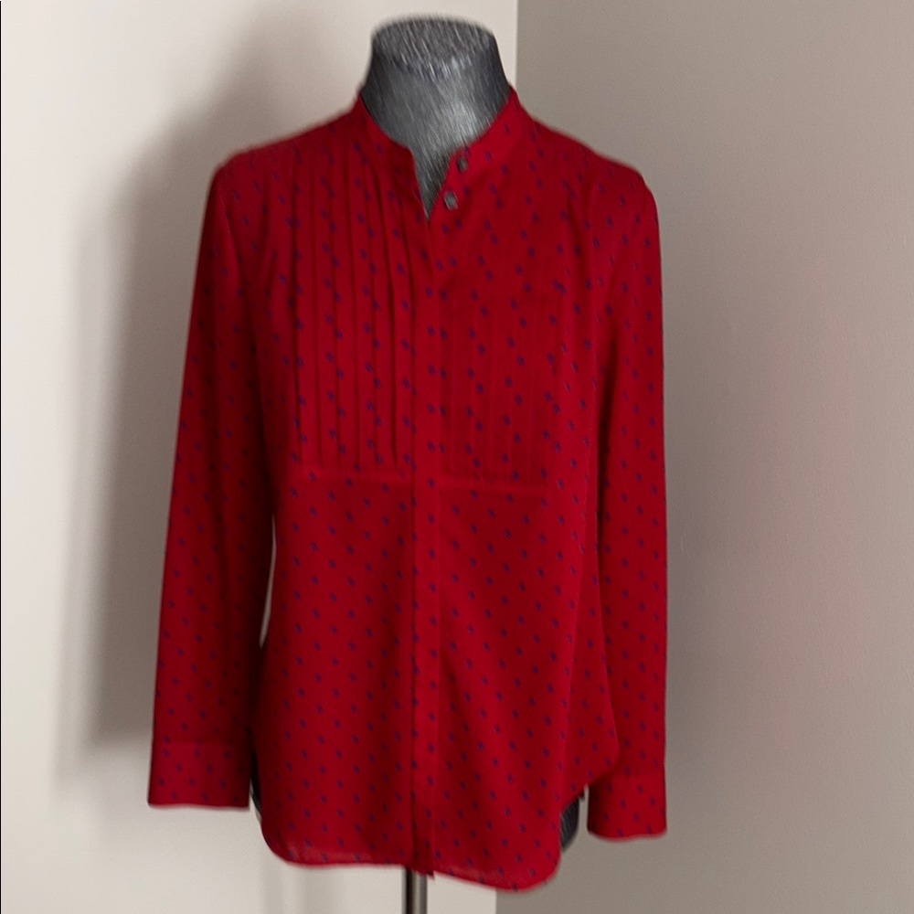 J. Crew Red Top with Blue Dots Medium